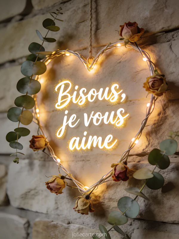 Guirlande lumineuse en forme de cœur sur un mur de pierre avec eucalyptus et roses séchées et le texte Bisous je vous aime