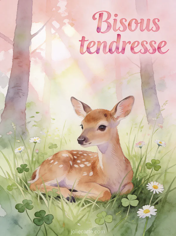 Faon couché dans l'herbe haute parsemée de trèfles et pâquerettes avec le texte Bisous tendresse