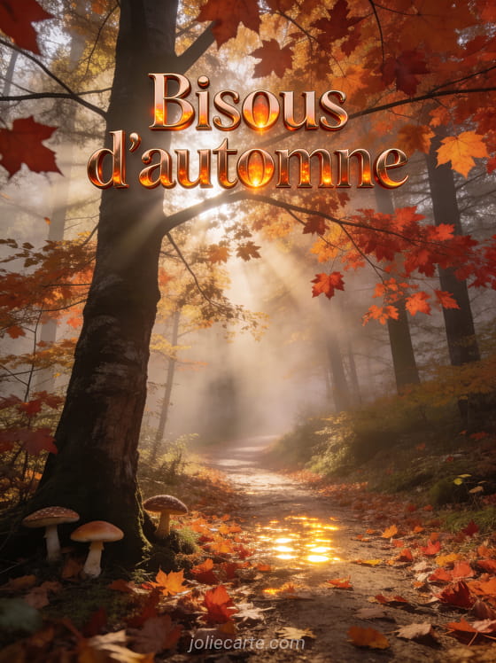 Sentier forestier tapissé de feuilles d'érable rouges et oranges avec brume et rayons de soleil et le texte Bisous d'automne