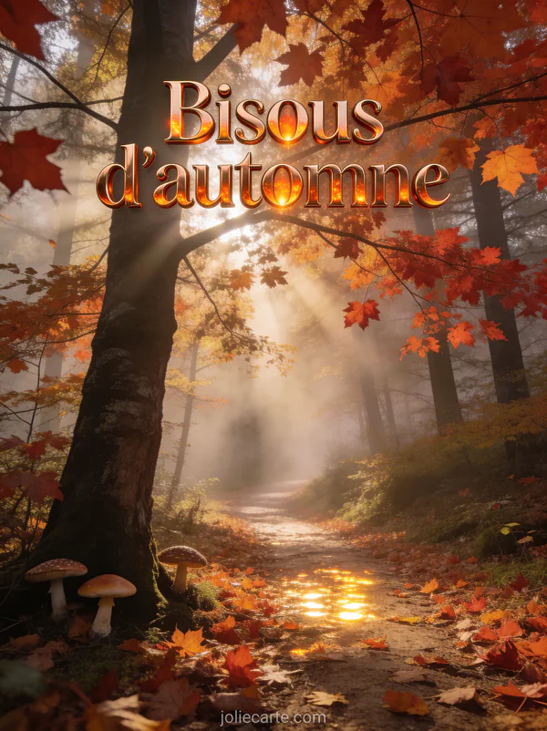 Sentier forestier tapissé de feuilles d'érable rouges et oranges avec brume et rayons de soleil et le texte Bisous d'automne