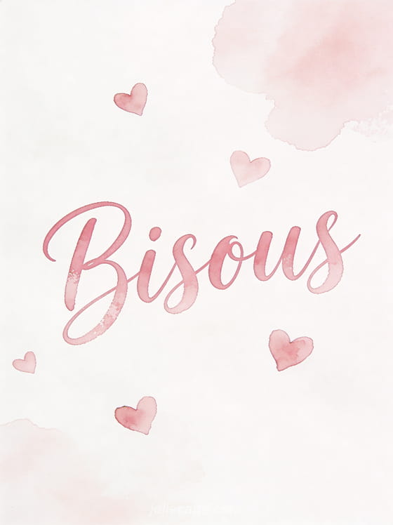 Marques de rouge à lèvres roses et rouges dispersées sur fond blanc avec confettis et le texte Bisous bisous bisous