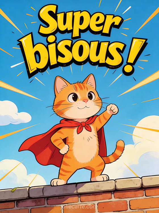 Chat roux portant une cape rouge de super-héros sur un muret avec le texte Super bisous