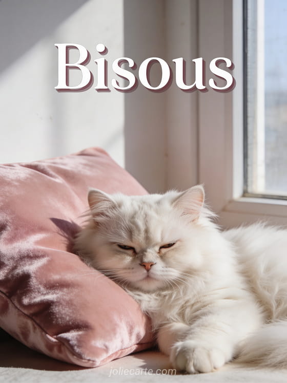 Chat persan blanc aux yeux cuivrés allongé sur un coussin de velours rose avec le texte Bisous