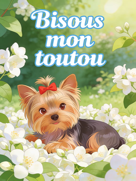 Yorkshire terrier avec un nœud rouge dans un lit de fleurs de jasmin avec le texte Bisous mon toutou