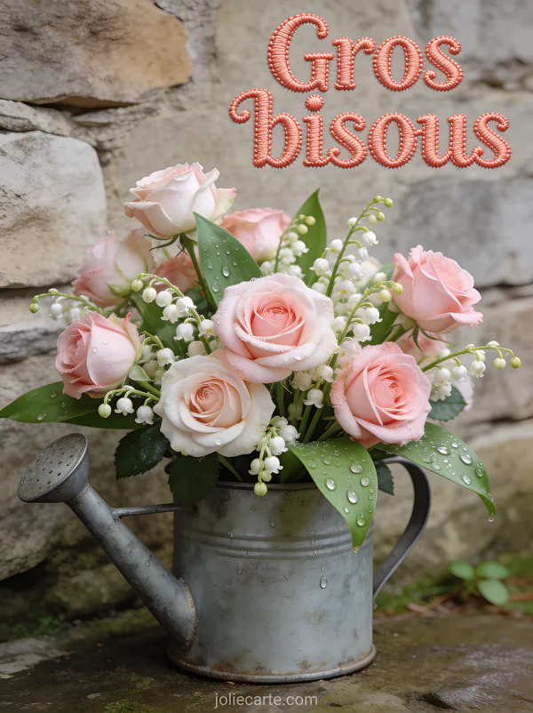 Roses anglaises rose pâle et muguet dans un arrosoir en zinc patiné avec gouttes de rosée et le texte Gros bisous