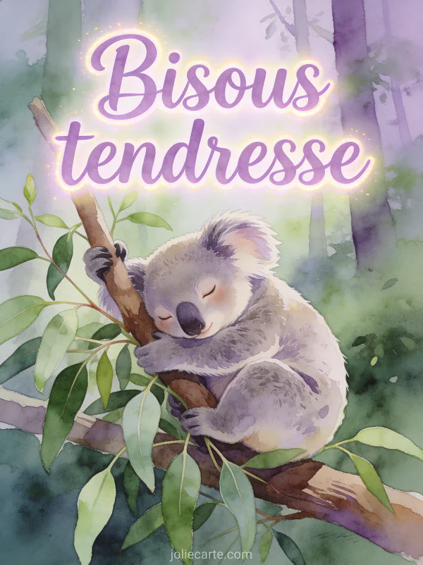 Petit koala accroché à une branche d'eucalyptus avec un regard paisible et le texte Bisous tendresse