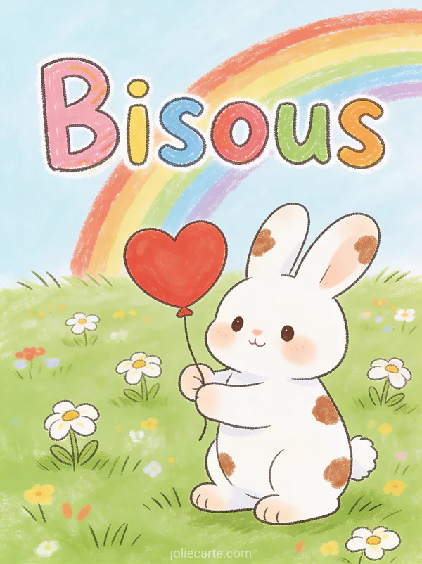 Lapin blanc et marron tenant un ballon rouge en forme de cœur dans une prairie avec arc-en-ciel et le texte Bisous