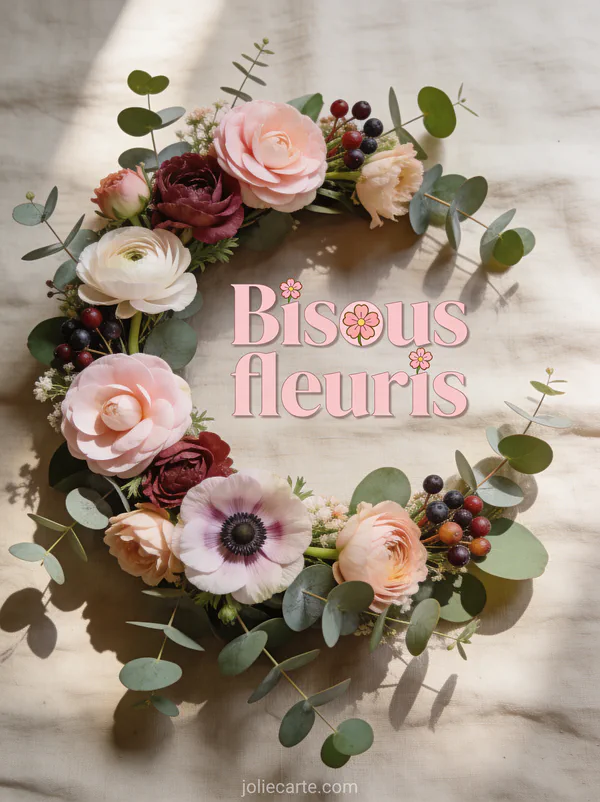 Couronne de camélias anémones et eucalyptus posée sur du lin naturel avec le texte Bisous fleuris