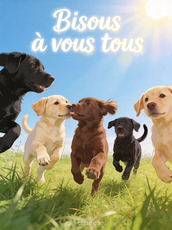 Groupe de chiots labrador beige chocolat et noir jouant dans un champ d'herbe avec le texte Bisous à vous tous
