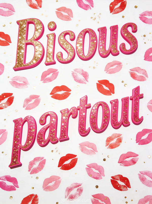 Centaines de petites empreintes de lèvres roses et rouges sur fond blanc avec paillettes dorées et le texte Bisous partout