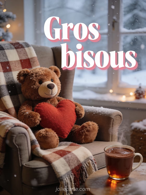 Ours en peluche assis dans un fauteuil tenant un cœur rouge avec un chocolat chaud à côté et le texte Gros bisous