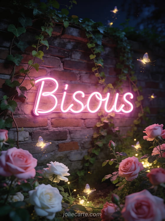 Jardin de roses trémières éclairé par des lucioles devant un mur de briques avec lierre et le texte Bisous en néon rose