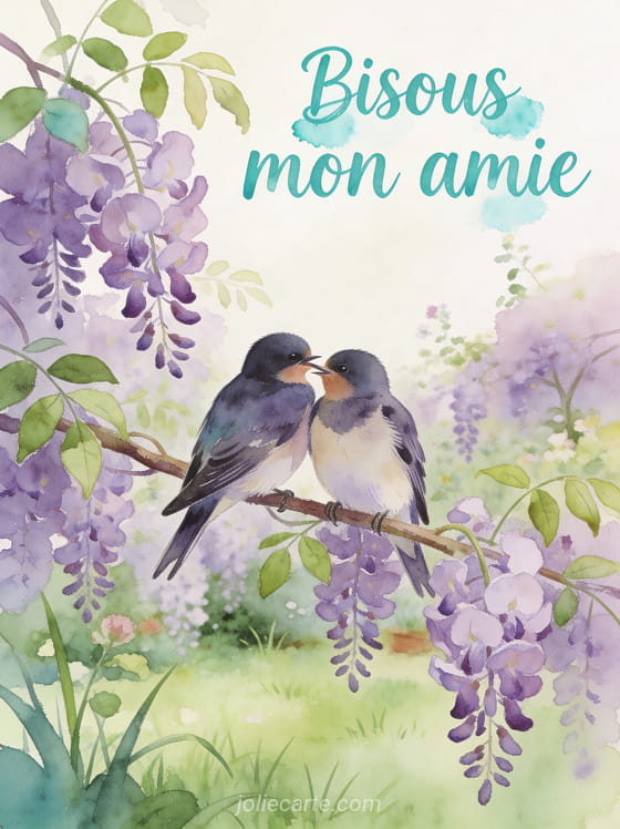 Deux oiseaux inséparables sur une branche de glycine mauve se toilettant avec le texte Bisous mon amie
