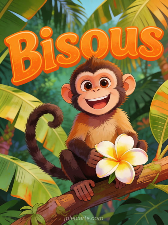 Petit singe capucin souriant sur une branche tropicale tenant une fleur de frangipanier avec le texte Bisous