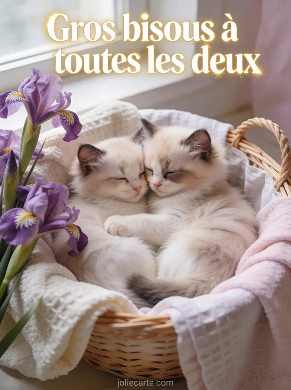Deux chatons ragdoll blottis dans une corbeille avec des iris mauves et le texte Gros bisous à toutes les deux
