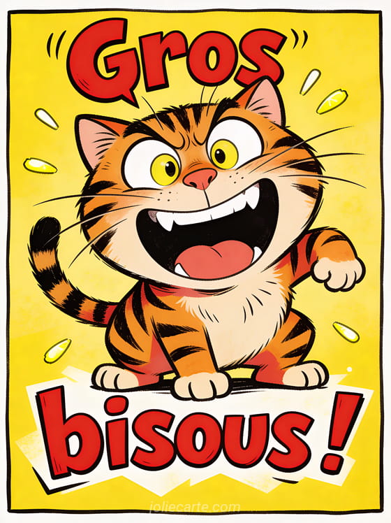 Chat tigré avec une grimace drôle et les yeux écarquillés sur fond jaune avec le texte Gros bisous