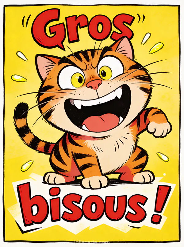 Chat tigré avec une grimace drôle et les yeux écarquillés sur fond jaune avec le texte Gros bisous