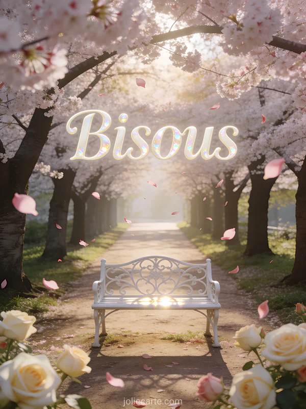 Allée de cerisiers en fleurs avec pétales roses volant au vent et banc blanc avec le texte Bisous