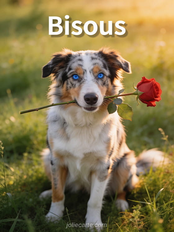 Chien berger australien aux yeux vairons tenant une rose rouge avec le texte Bisous
