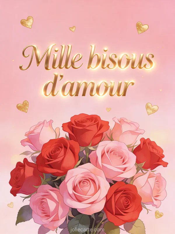 Bouquet de roses rouges et roses sur fond rose poudré avec des cœurs dorés et le texte Mille bisous d'amour