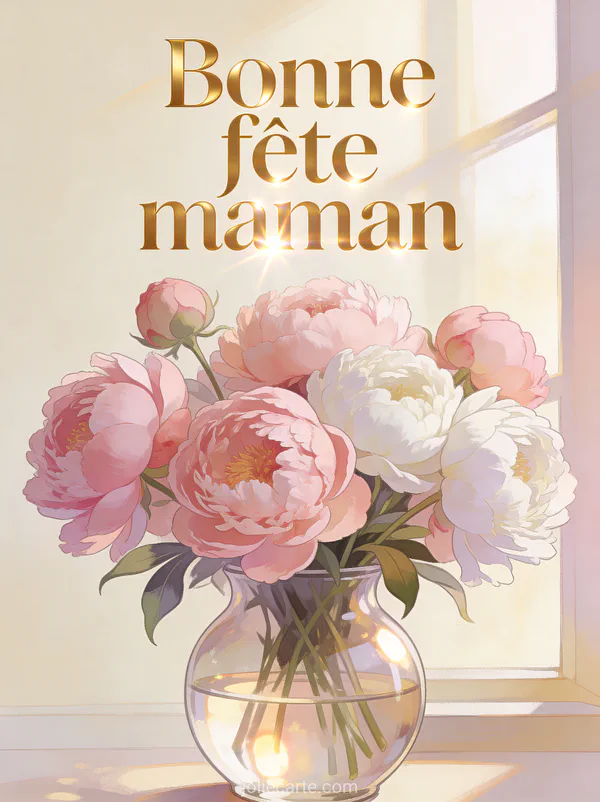 Bouquet de pivoines roses et blanches dans un vase en verre avec le texte Bonne fête maman en lettres dorées