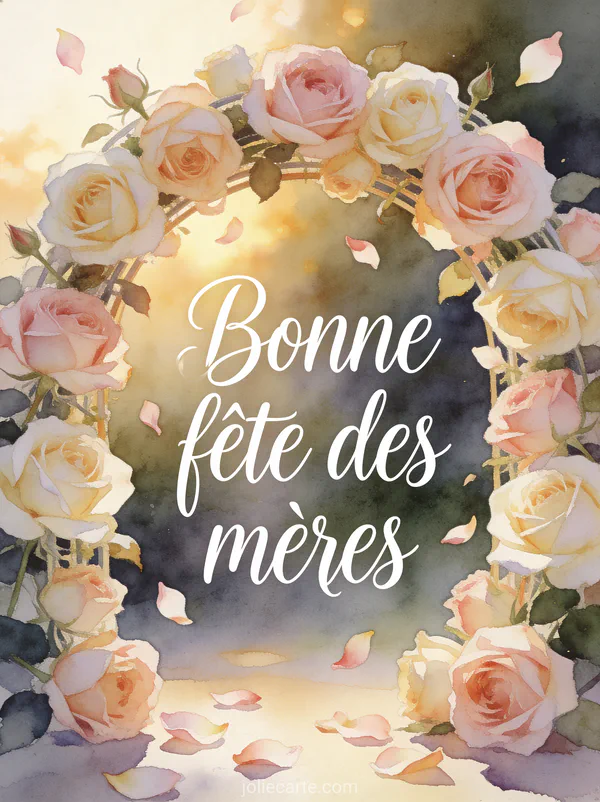 Arche de roses anciennes roses et crème avec le texte Bonne fête des mères en calligraphie blanche aquarelle
