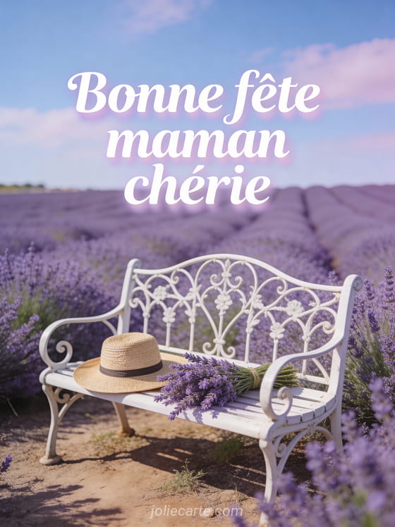 Champ de lavande provençal avec banc en fer forgé blanc chapeau de paille et texte Bonne fête maman chérie