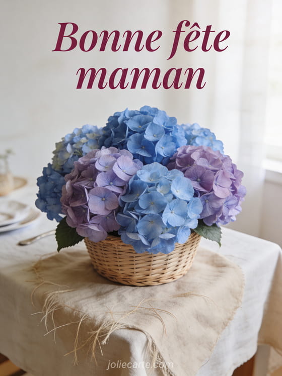 Panier en osier d'hortensias bleus et mauves sur nappe en lin avec texte Bonne fête maman en lettres manuscrites