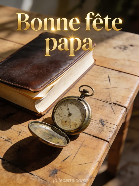 Montre à gousset posée sur un livre relié cuir avec le texte Bonne fête papa en lettres dorées