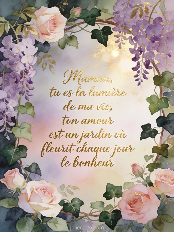 Poème calligraphié en doré entouré de roses anciennes et de glycine à l'aquarelle pour la fête des mères