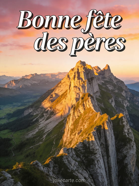 Sommet de montagne baigné de lumière dorée au lever du soleil avec le texte Bonne fête des pères