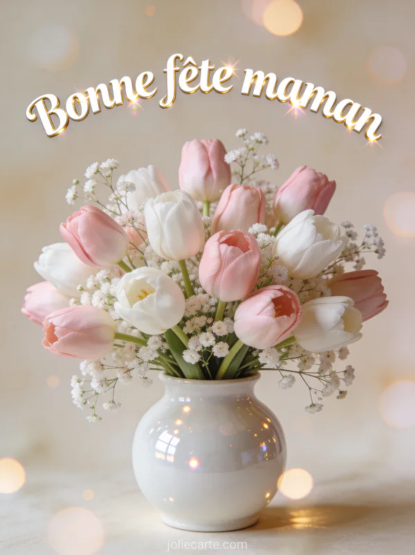 Bouquet de tulipes roses et blanches avec gypsophile dans un vase en céramique blanche texte Bonne fête maman