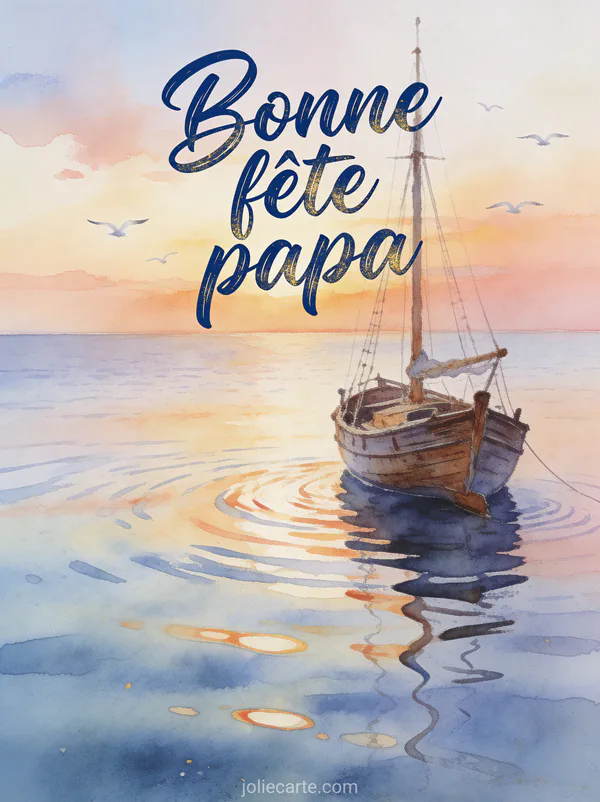 Aquarelle d'un voilier en bois sur une mer calme au coucher du soleil avec le texte Bonne fête papa