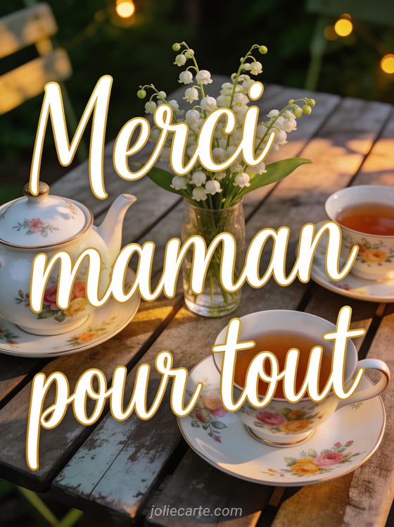 Table de jardin avec service à thé en porcelaine fleurie et bouquet de muguet texte Merci maman pour tout