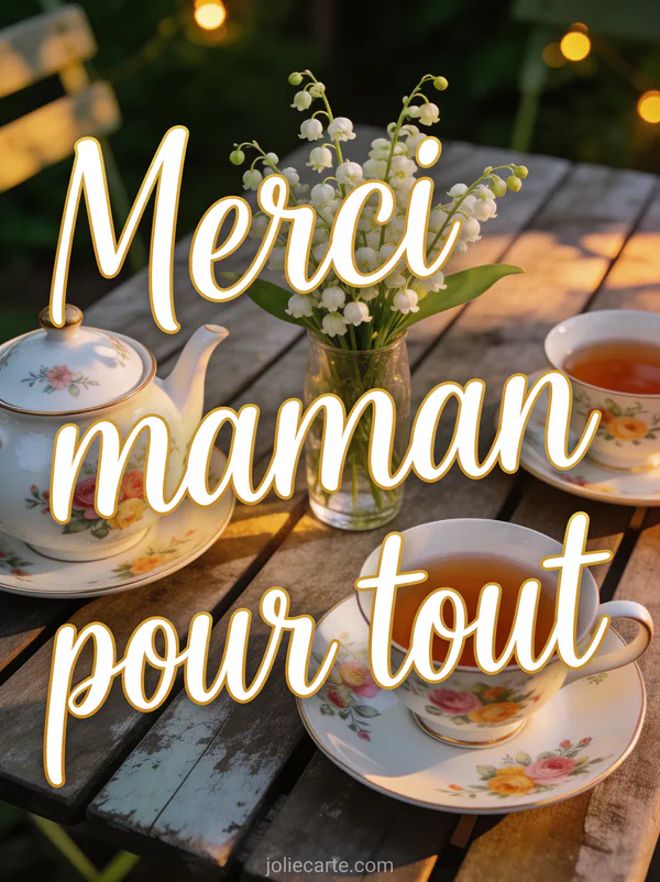 Table de jardin avec service à thé en porcelaine fleurie et bouquet de muguet texte Merci maman pour tout