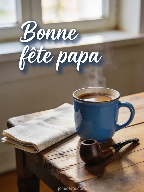 Café fumant dans une tasse bleue sur une table en bois avec journal et pipe et le texte Bonne fête papa
