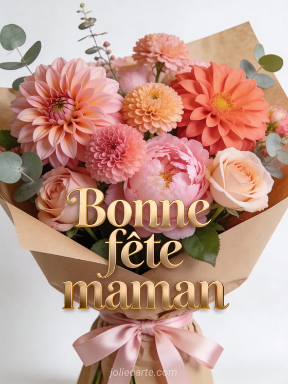 Opulent bouquet de dahlias renoncules pivoines et roses en tons roses et corail emballé dans du papier kraft