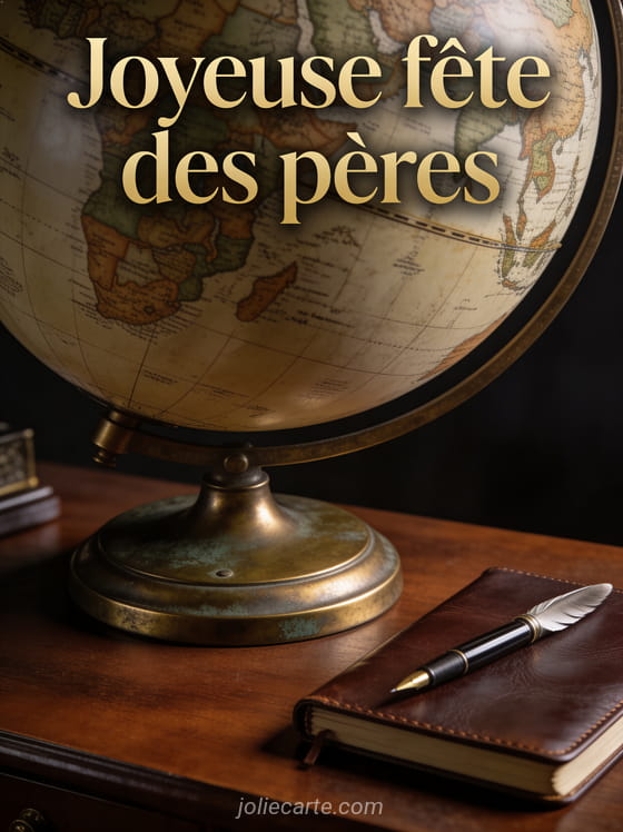 Globe terrestre en laiton sur un bureau en acajou avec stylo plume et le texte Joyeuse fête des pères