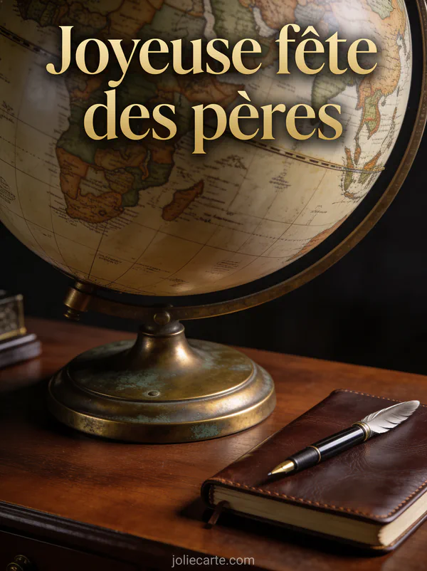 Globe terrestre en laiton sur un bureau en acajou avec stylo plume et le texte Joyeuse fête des pères