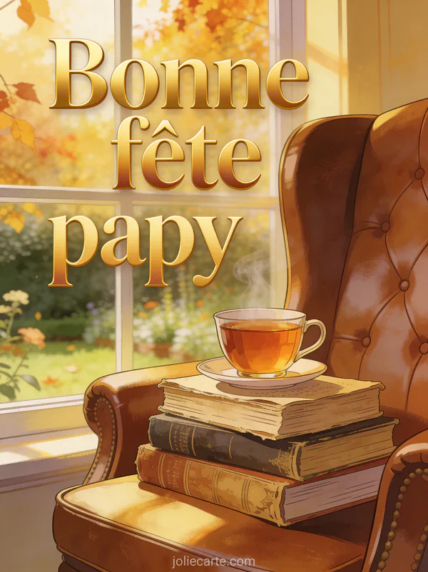 Tasse de thé fumante posée sur des livres anciens près d'un fauteuil en cuir avec le texte Bonne fête papy