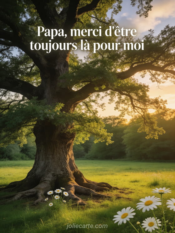 Grand chêne centenaire dans une prairie dorée avec marguerites et le texte Papa merci d'être toujours là pour moi