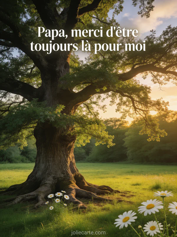 Grand chêne centenaire dans une prairie dorée avec marguerites et le texte Papa merci d'être toujours là pour moi
