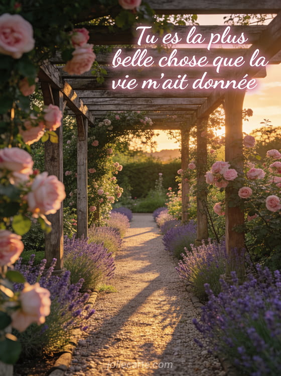 Jardin anglais au crépuscule avec rosiers grimpants sur pergola et allée de lavande texte pour la fête des mères