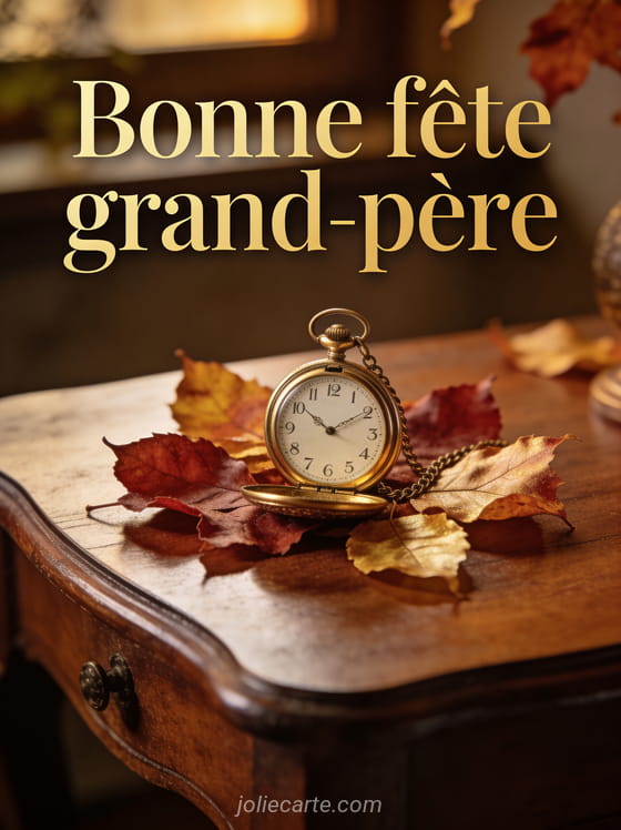 Montre à gousset ancienne en or posée sur une table en bois avec des feuilles d'automne et le texte Bonne fête grand-père