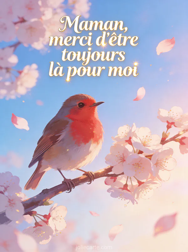 Rouge-gorge posé sur une branche de cerisier en fleurs avec pétales virevoltants texte Maman merci d'être là