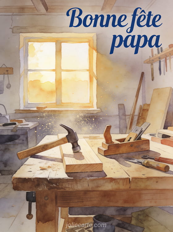 Barque de pêche en bois amarrée sur un lac brumeux au lever du jour avec le texte Bonne fête papa