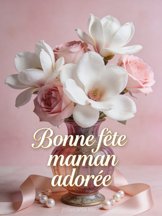 Arrangement de magnolias blancs et roses dans un vase vintage avec perles et satin texte Bonne fête maman adorée