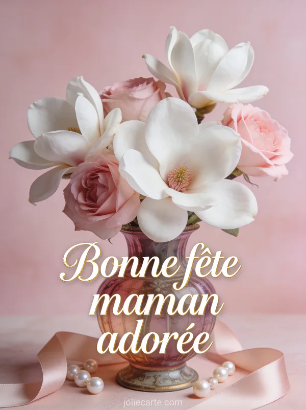 Arrangement de magnolias blancs et roses dans un vase vintage avec perles et satin texte Bonne fête maman adorée