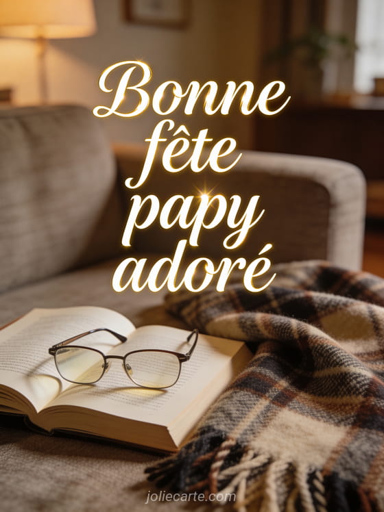 Lunettes de lecture posées sur un livre ouvert avec un plaid en laine écossaise et le texte Bonne fête papy adoré
