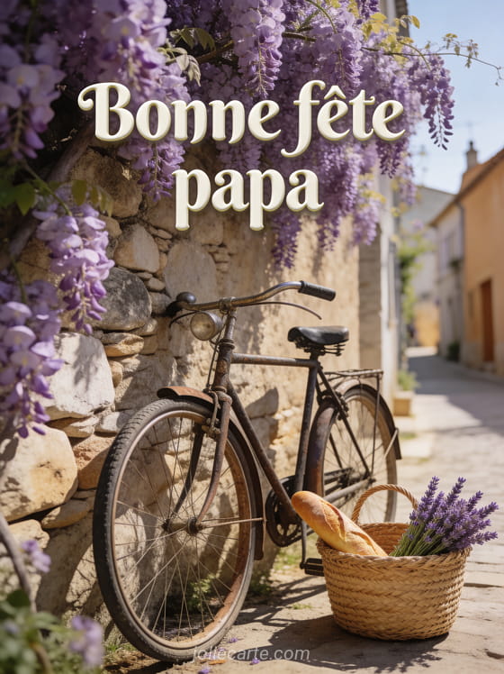 Vélo rétro contre un mur de pierres couvert de glycine avec panier de lavande et le texte Bonne fête papa